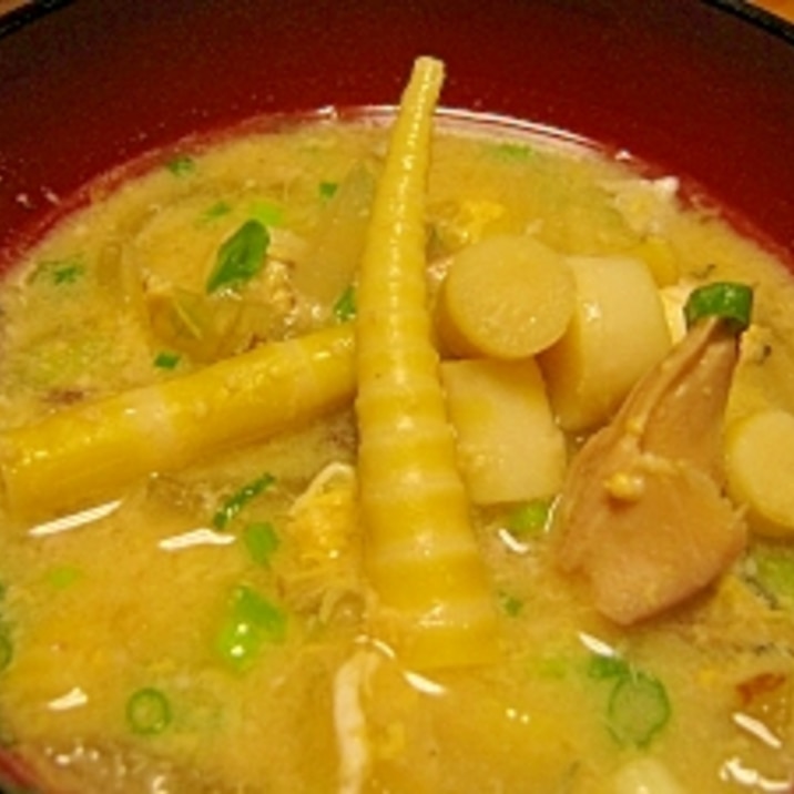 信州の郷土料理☆根曲がり竹とサバ缶のみそ汁